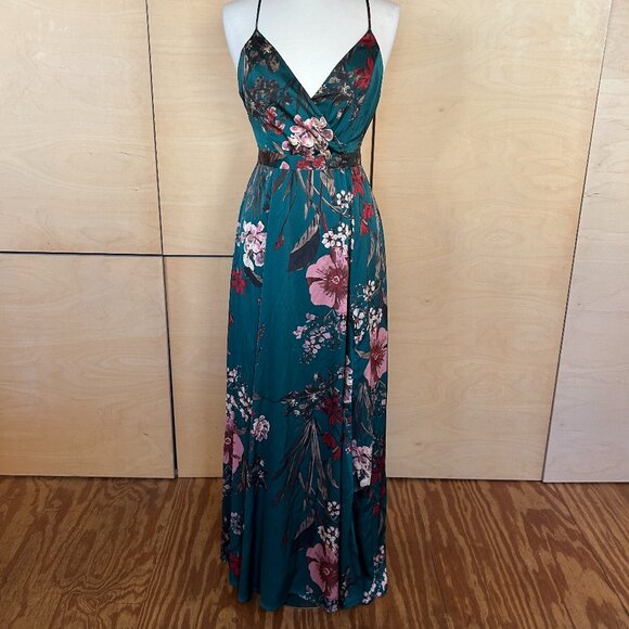Lulus Emerald Green Floral Print Satin Maxi Dress - Size M - Picture 1 of 4